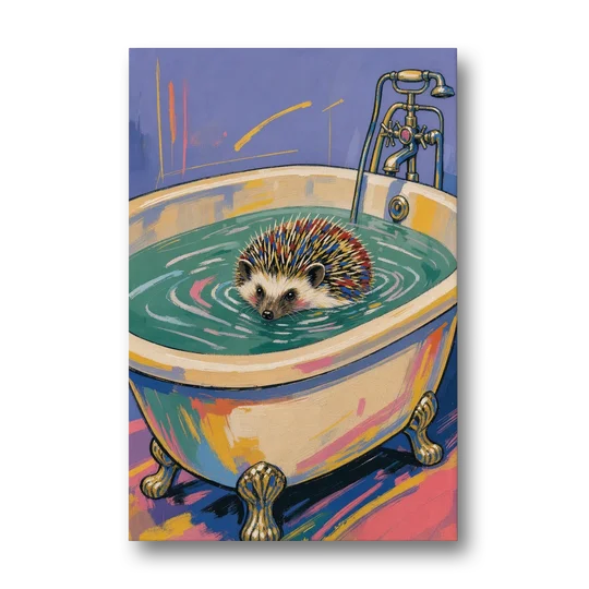 Hedgehog Paddling Across the Clawfoot Tub - Canvas Wall Art - Front