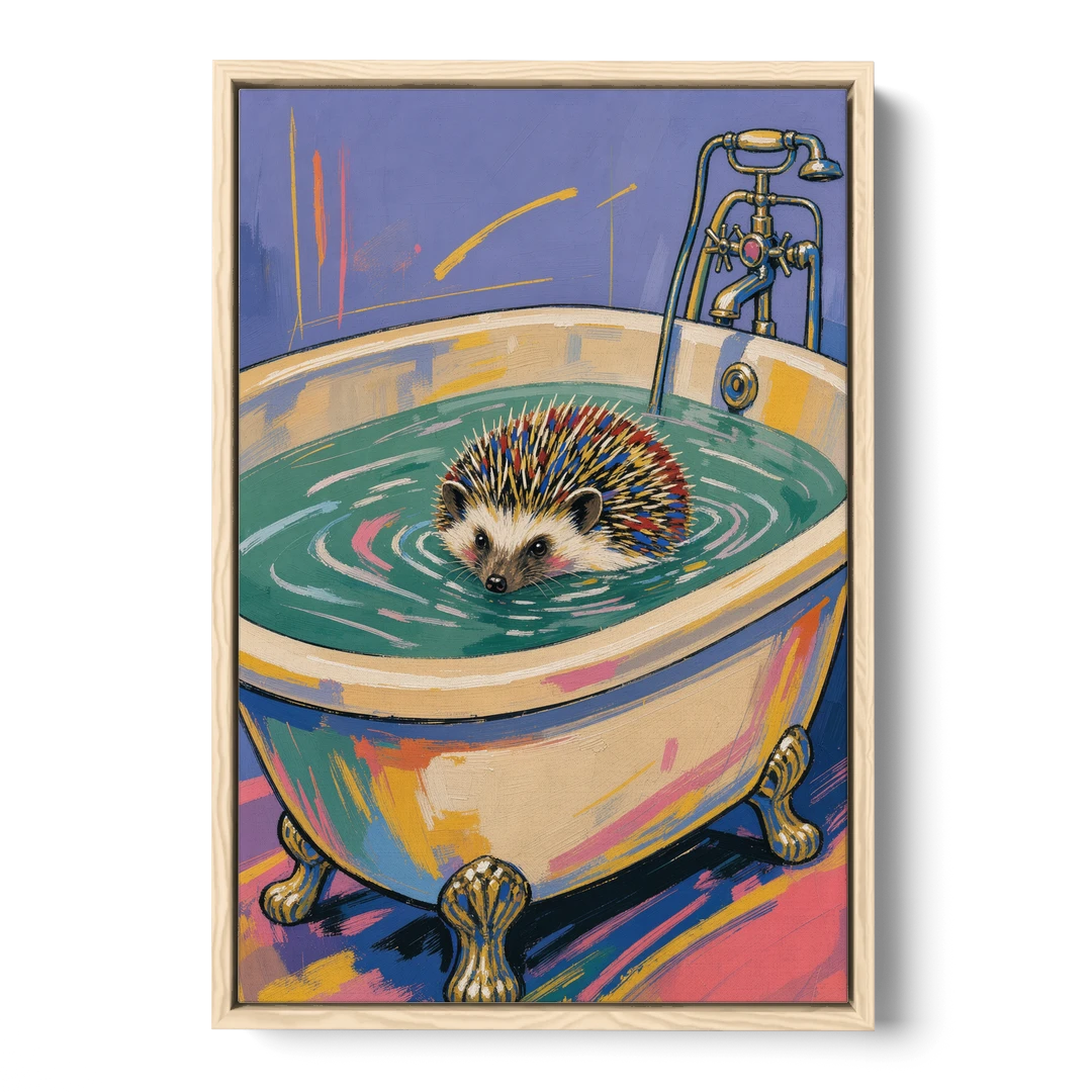Hedgehog Paddling Across the Clawfoot Tub - Oak Framed Canvas Wall Art - Front