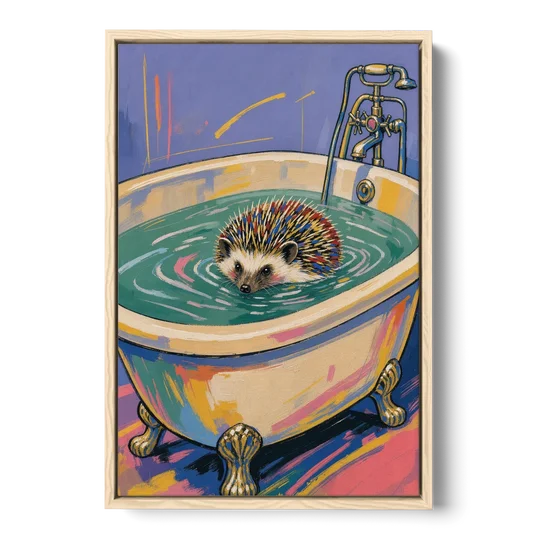 Hedgehog Paddling Across the Clawfoot Tub - Oak Framed Canvas Wall Art - Front