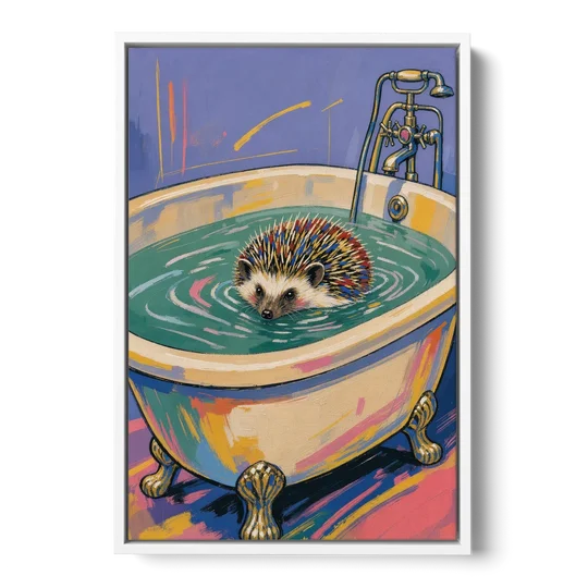 Hedgehog Paddling Across the Clawfoot Tub - White Framed Canvas Wall Art - Front