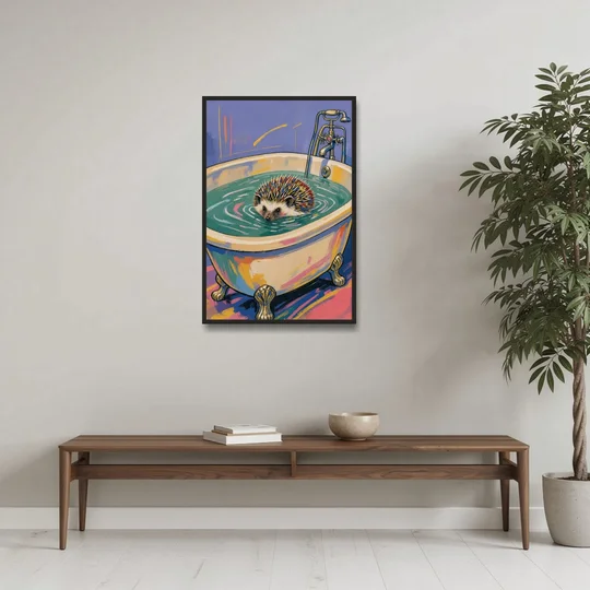 Hedgehog Paddling Across the Clawfoot Tub - Black Framed Canvas Wall Art - Coffee Table - 24x36