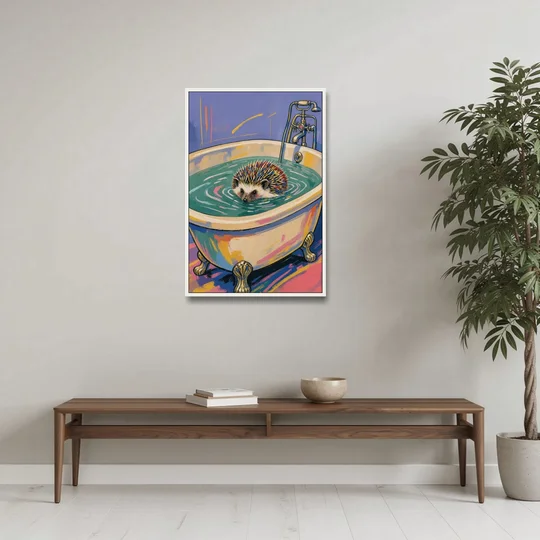 Hedgehog Paddling Across the Clawfoot Tub - White Framed Canvas Wall Art - Coffee Table - 24x36