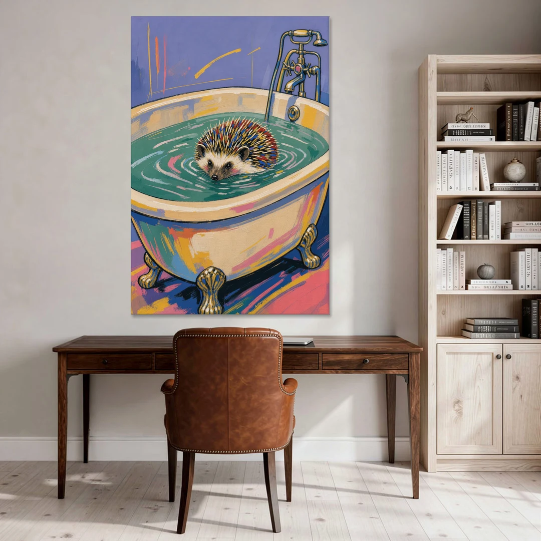 Hedgehog Paddling Across the Clawfoot Tub - Canvas Wall Art - Office - 40x60