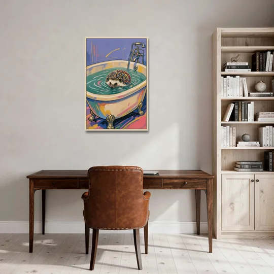 Hedgehog Paddling Across the Clawfoot Tub - Oak Framed Canvas Wall Art - Office - 24x36