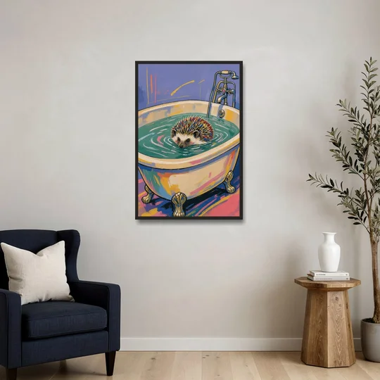 Hedgehog Paddling Across the Clawfoot Tub - Black Framed Canvas Wall Art - Sofa - 24x36