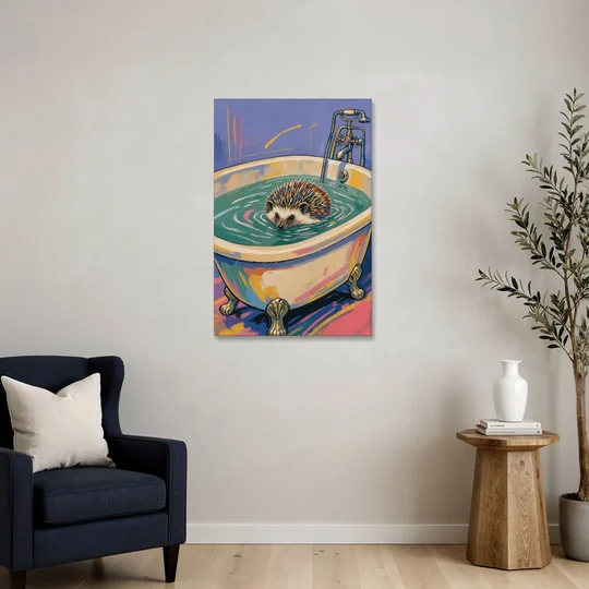Hedgehog Paddling Across the Clawfoot Tub - Canvas Wall Art - Sofa - 24x36