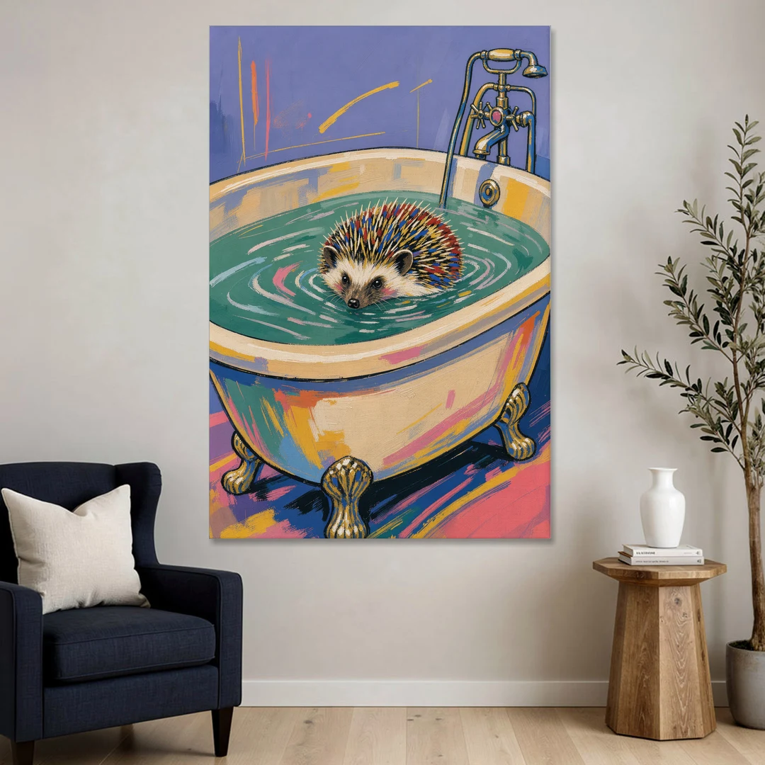 Hedgehog Paddling Across the Clawfoot Tub - Canvas Wall Art - Sofa - 40x60