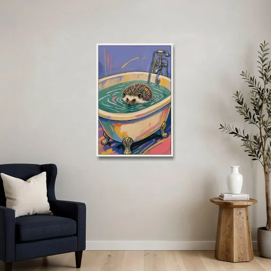 Hedgehog Paddling Across the Clawfoot Tub - White Framed Canvas Wall Art - Sofa - 24x36