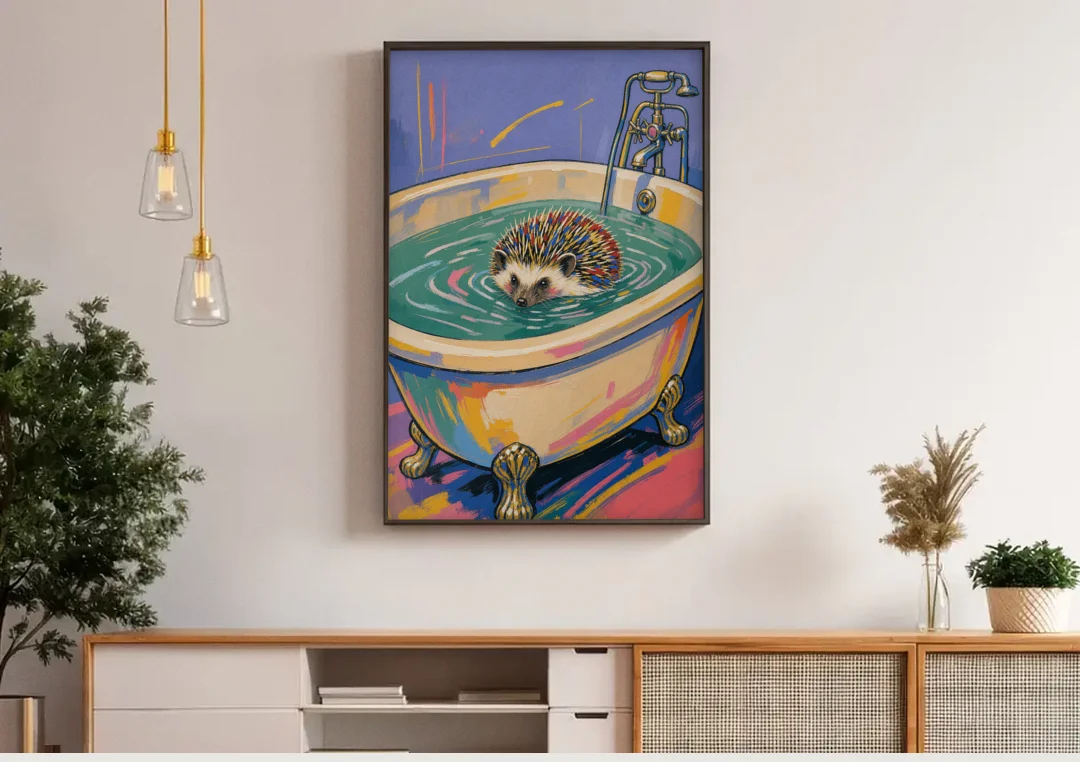 Hedgehog Paddling Across the Clawfoot Tub canvas wall art above a wooden sideboard under pendant lights