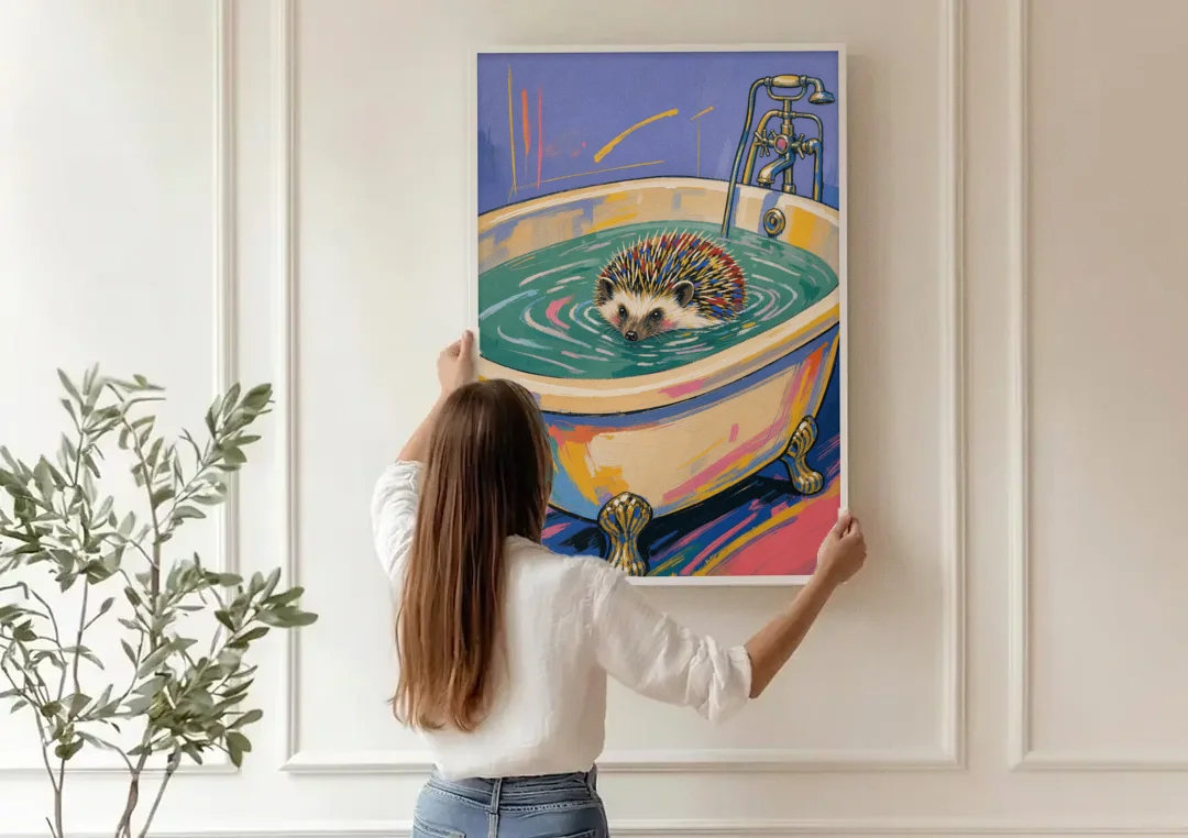 Hedgehog Paddling Across the Clawfoot Tub canvas wall art being hung on a paneled wall