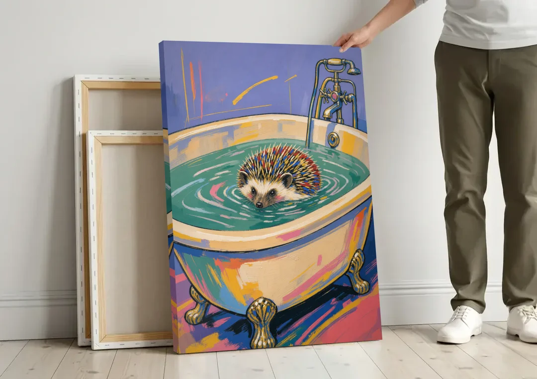 Hedgehog Paddling Across the Clawfoot Tub canvas wall art leaning against a wall next to blank canvases