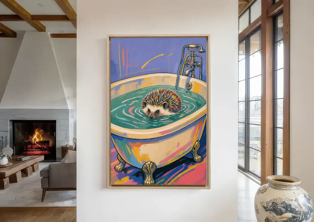 Hedgehog Paddling Across the Clawfoot Tub canvas wall art in a living room with a fireplace