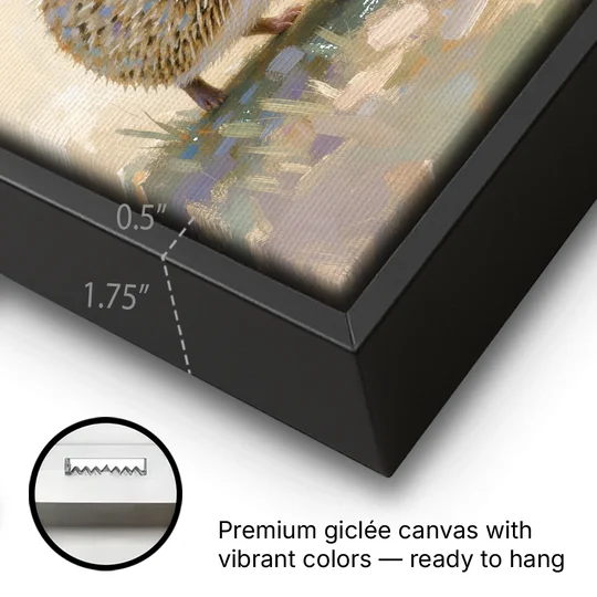 Hedgehog Sniffing a Tiny Mushroom for the Nursery - Black Framed Canvas Wall Art - Gallery Wrap Corner