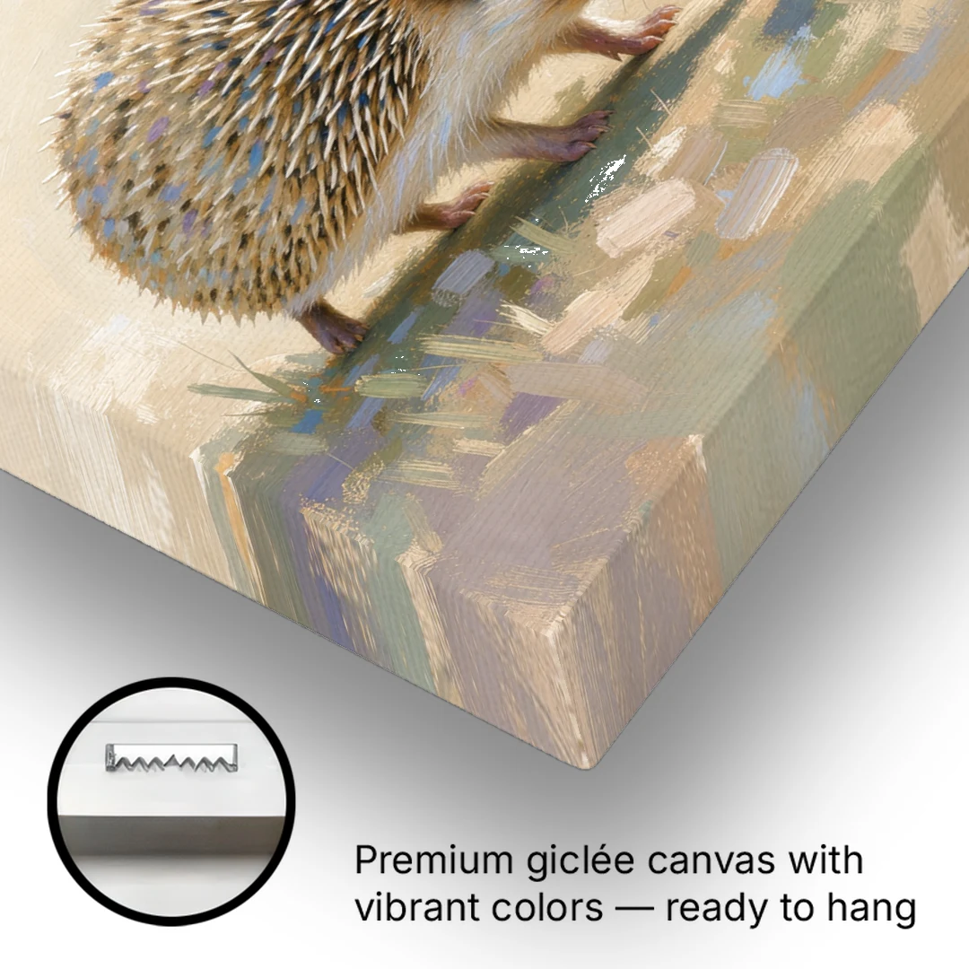 Hedgehog Sniffing a Tiny Mushroom for the Nursery - Canvas Wall Art - Gallery Wrap Corner