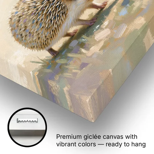 Hedgehog Sniffing a Tiny Mushroom for the Nursery - Canvas Wall Art - Gallery Wrap Corner