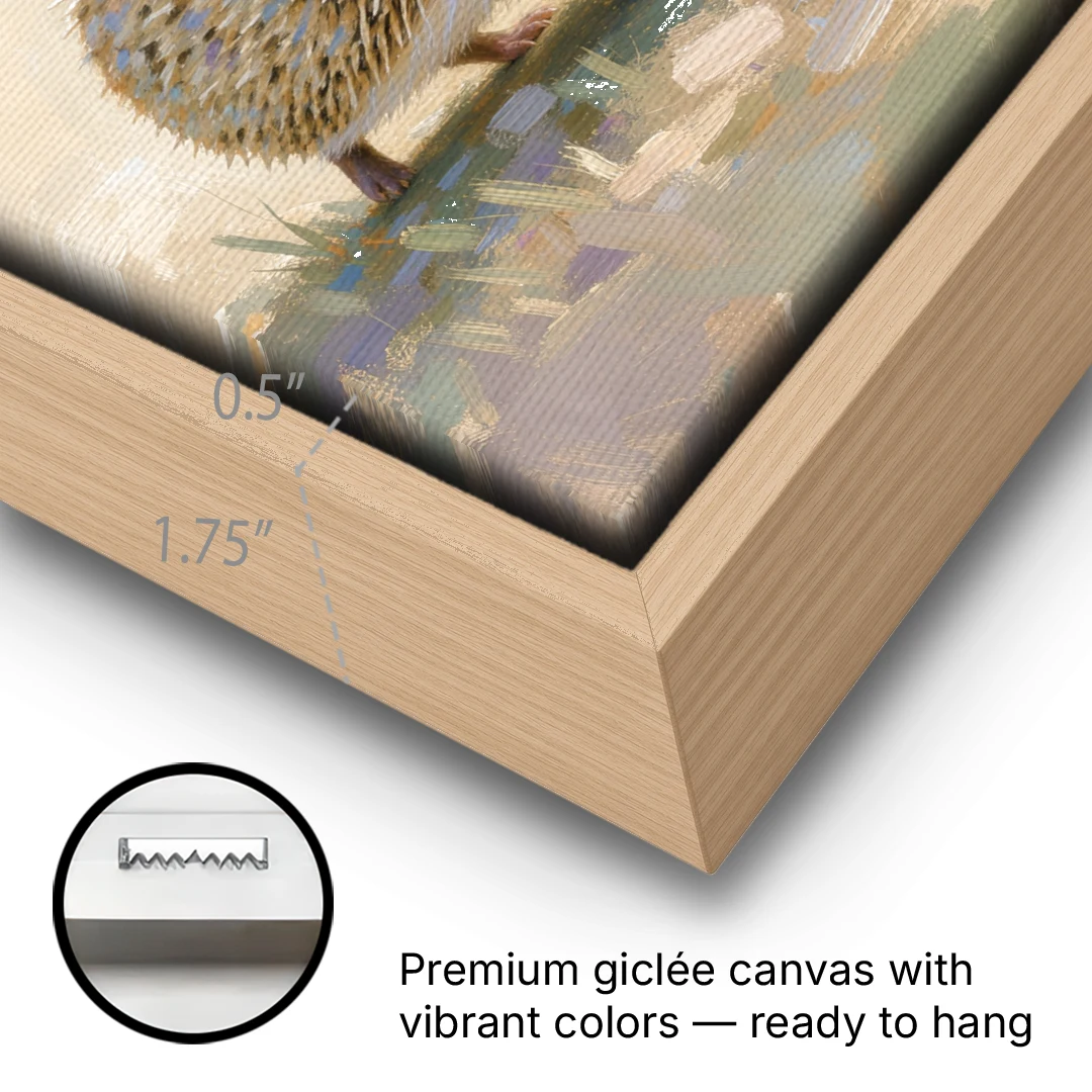 Hedgehog Sniffing a Tiny Mushroom for the Nursery - Oak Framed Canvas Wall Art - Gallery Wrap Corner
