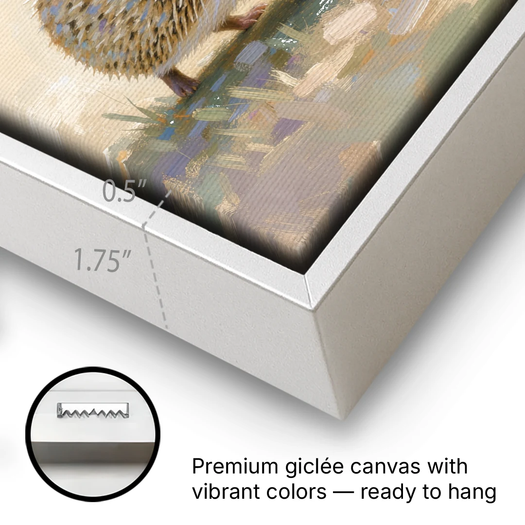 Hedgehog Sniffing a Tiny Mushroom for the Nursery - White Framed Canvas Wall Art - Gallery Wrap Corner
