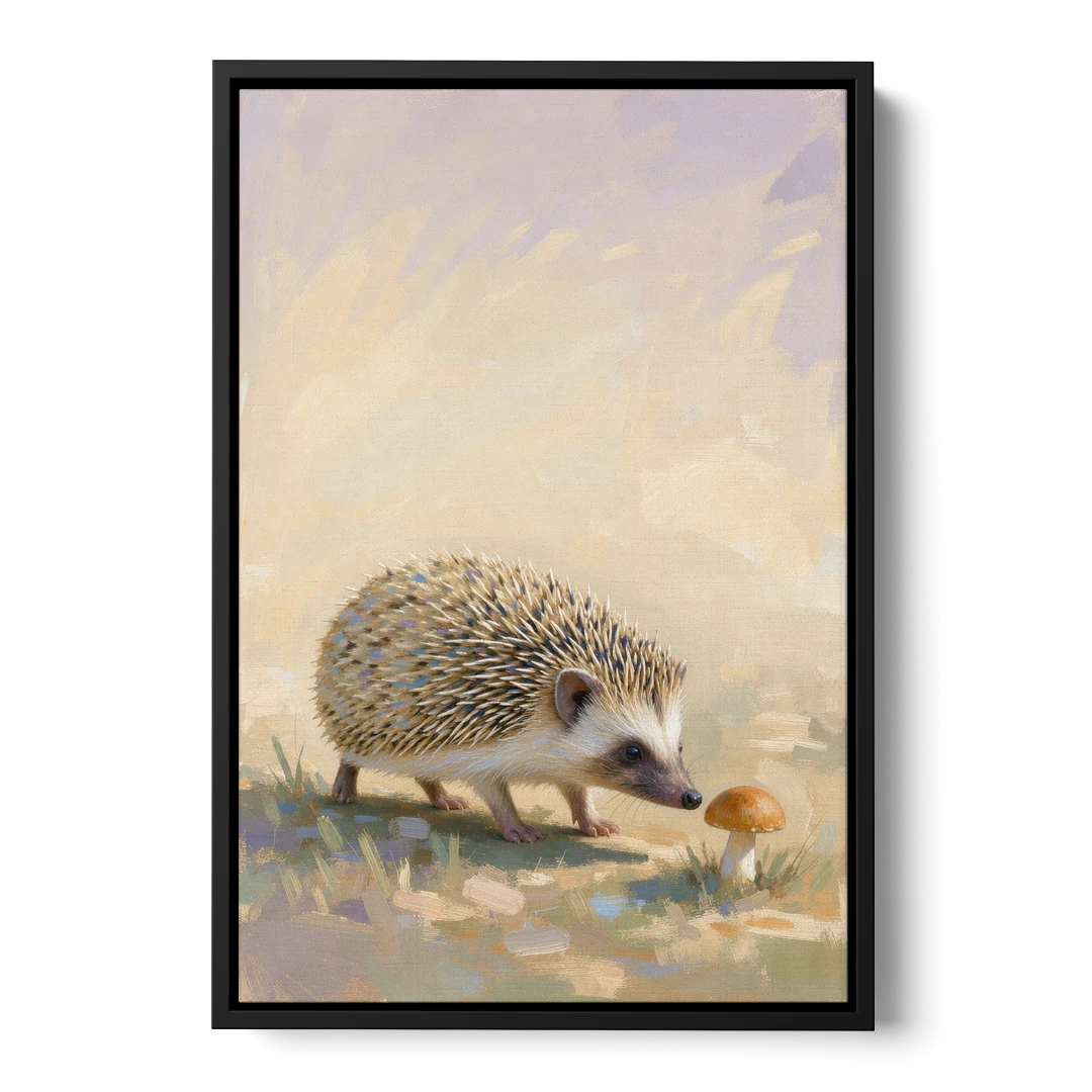 Hedgehog Sniffing a Tiny Mushroom for the Nursery - Black Framed Canvas Wall Art - Front