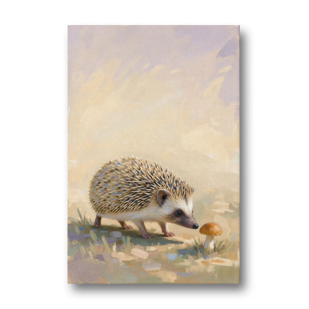 Hedgehog Sniffing a Tiny Mushroom for the Nursery - Canvas Wall Art - Front
