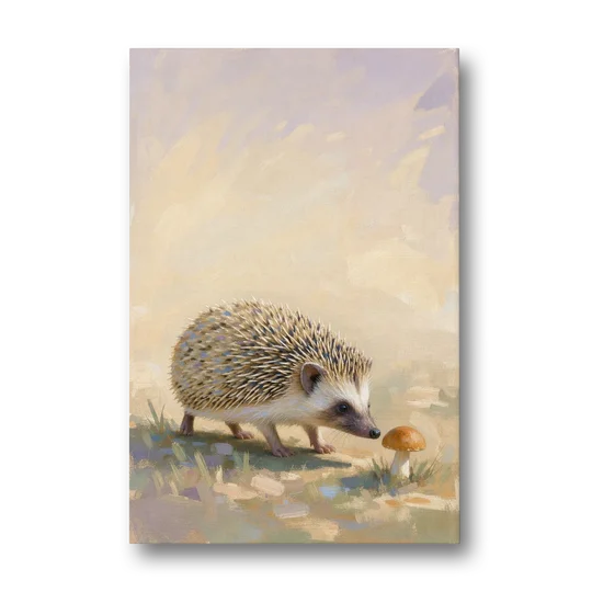 Hedgehog Sniffing a Tiny Mushroom for the Nursery - Canvas Wall Art - Front