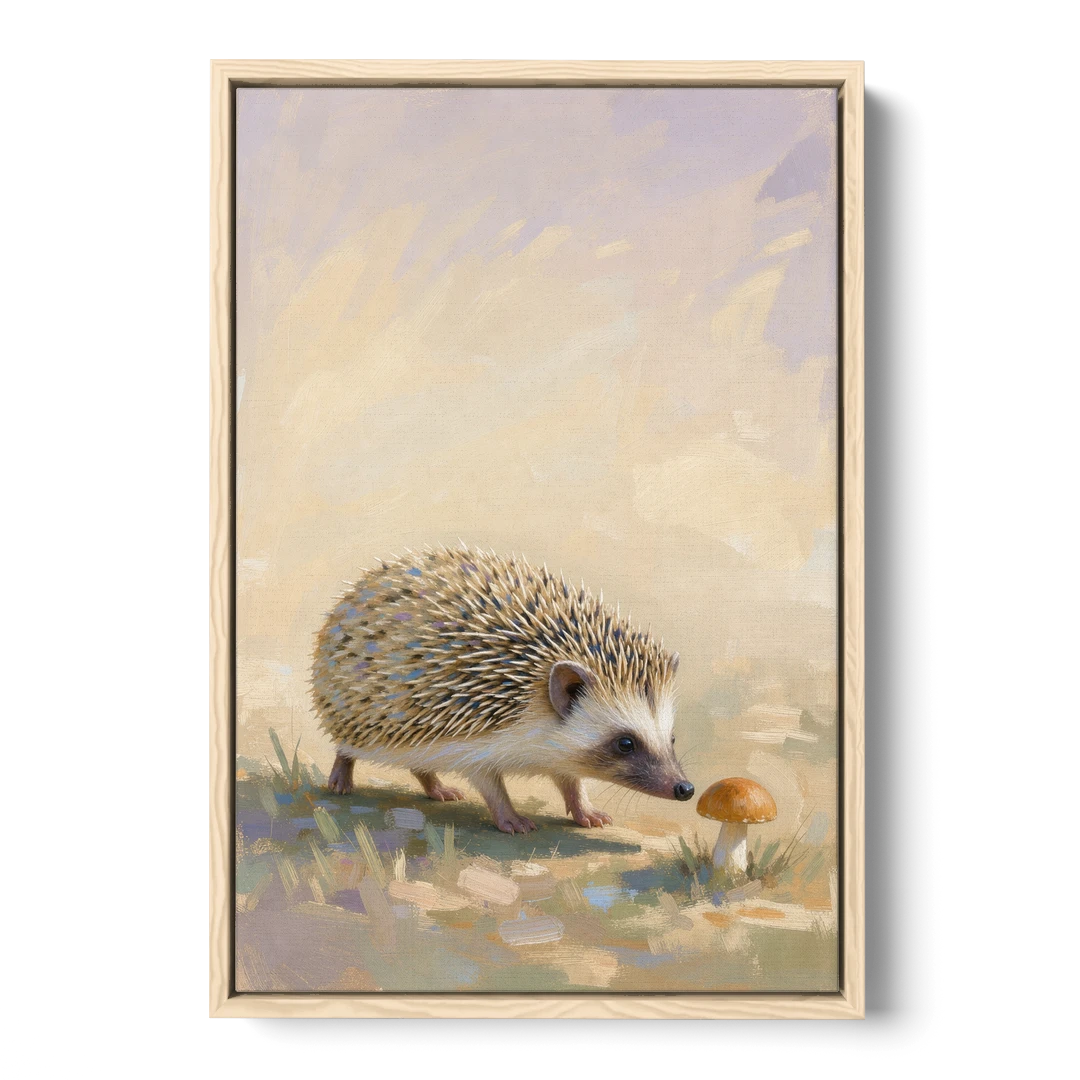 Hedgehog Sniffing a Tiny Mushroom for the Nursery - Oak Framed Canvas Wall Art - Front