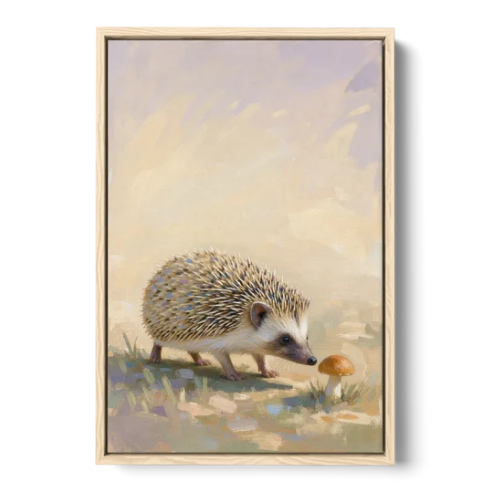 Hedgehog Sniffing a Tiny Mushroom for the Nursery - Oak Framed Canvas Wall Art - Front