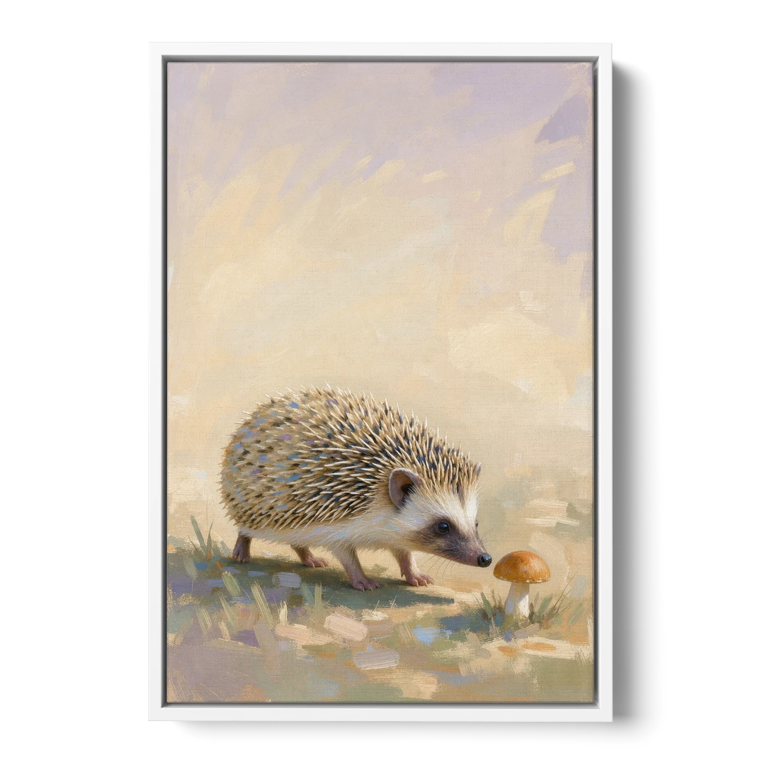 Hedgehog Sniffing a Tiny Mushroom for the Nursery - White Framed Canvas Wall Art - Front