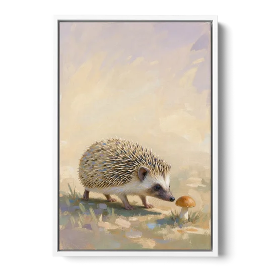 Hedgehog Sniffing a Tiny Mushroom for the Nursery - White Framed Canvas Wall Art - Front