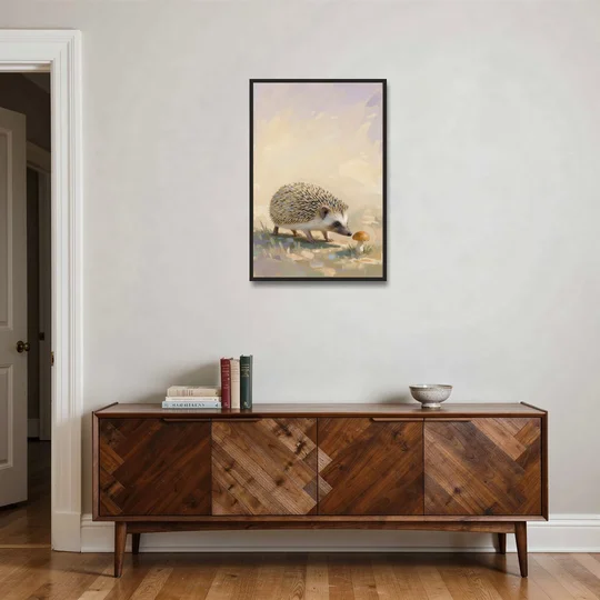 Hedgehog Sniffing a Tiny Mushroom for the Nursery - Black Framed Canvas Wall Art - Coffee Table - 24x36
