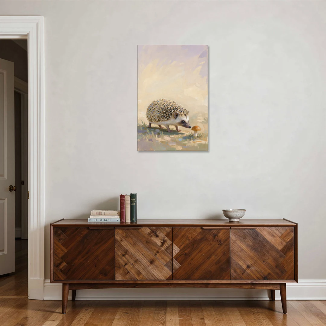 Hedgehog Sniffing a Tiny Mushroom for the Nursery - Canvas Wall Art - Coffee Table - 24x36