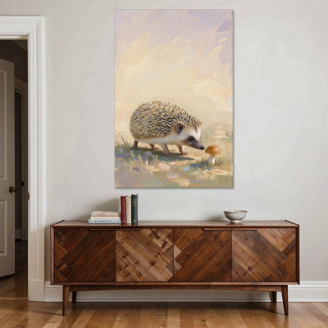 Hedgehog Sniffing a Tiny Mushroom for the Nursery - Canvas Wall Art - Coffee Table - 40x60