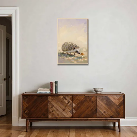 Hedgehog Sniffing a Tiny Mushroom for the Nursery - Oak Framed Canvas Wall Art - Coffee Table - 24x36