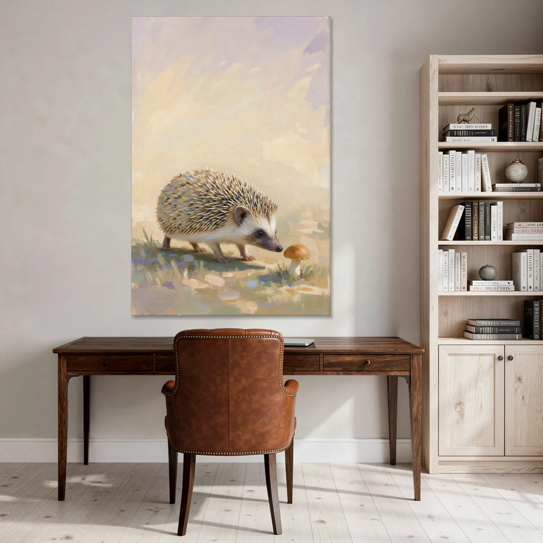 Hedgehog Sniffing a Tiny Mushroom for the Nursery - Canvas Wall Art - Office - 40x60