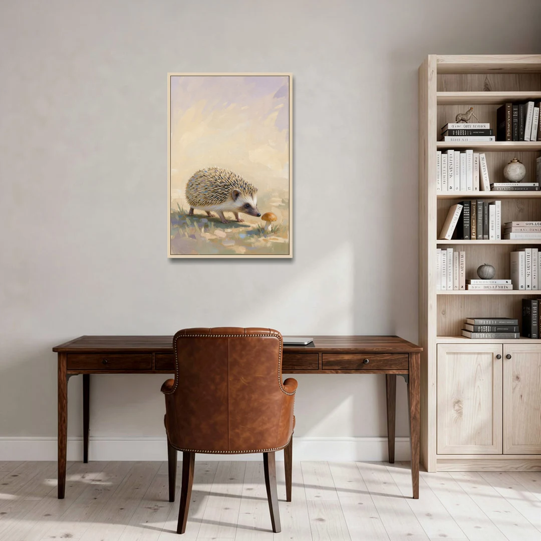 Hedgehog Sniffing a Tiny Mushroom for the Nursery - Oak Framed Canvas Wall Art - Office - 24x36
