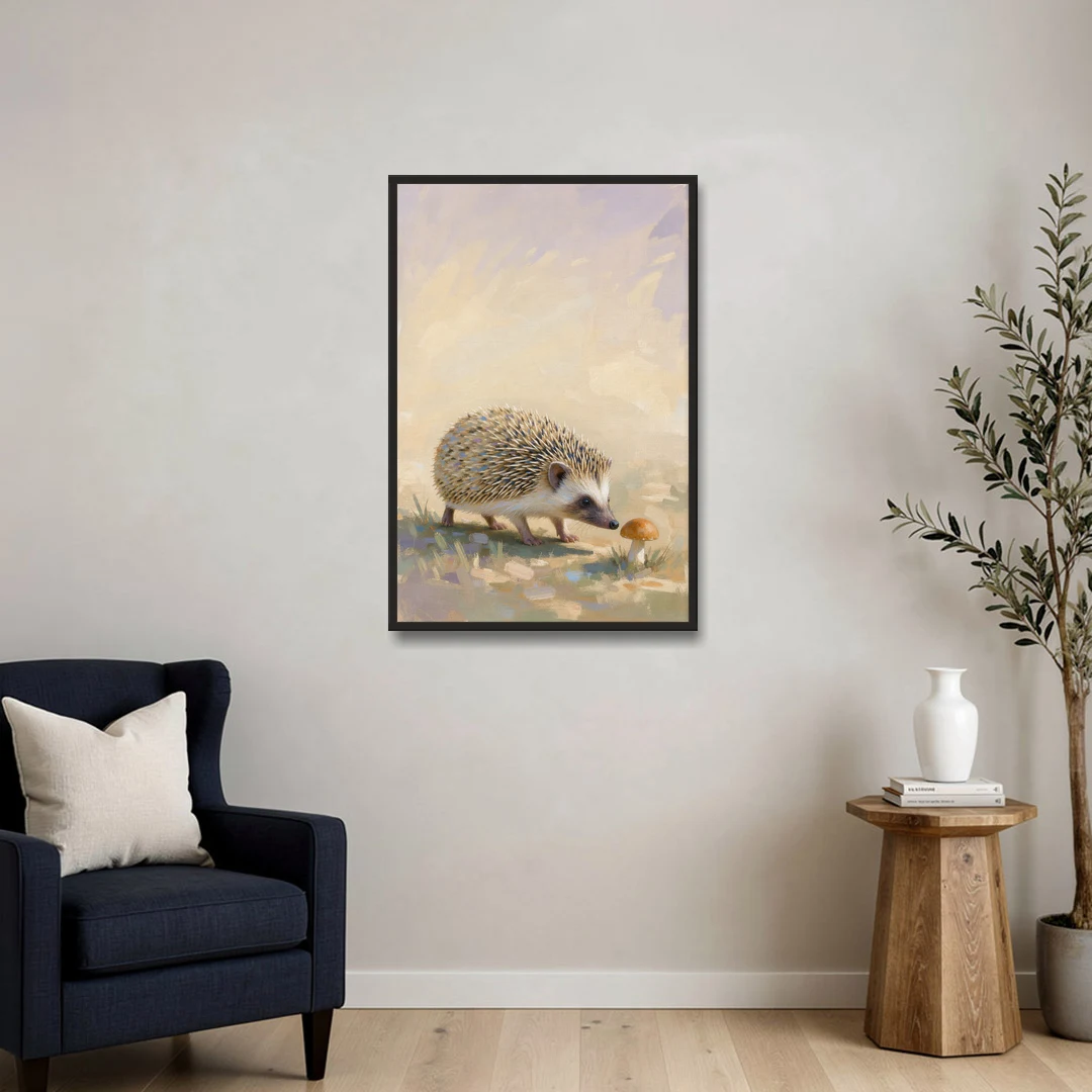 Hedgehog Sniffing a Tiny Mushroom for the Nursery - Black Framed Canvas Wall Art - Sofa - 24x36
