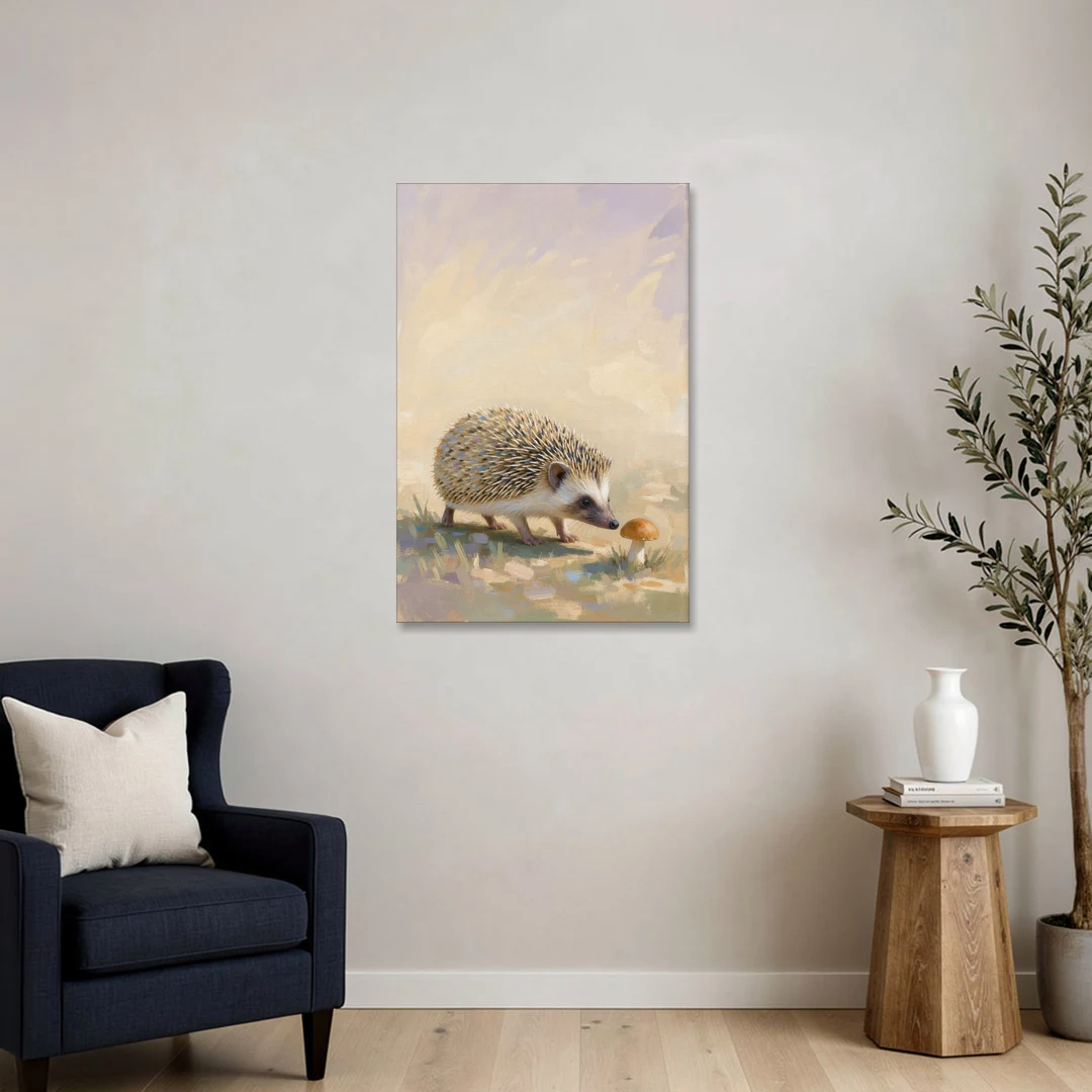 Hedgehog Sniffing a Tiny Mushroom for the Nursery - Canvas Wall Art - Sofa - 24x36
