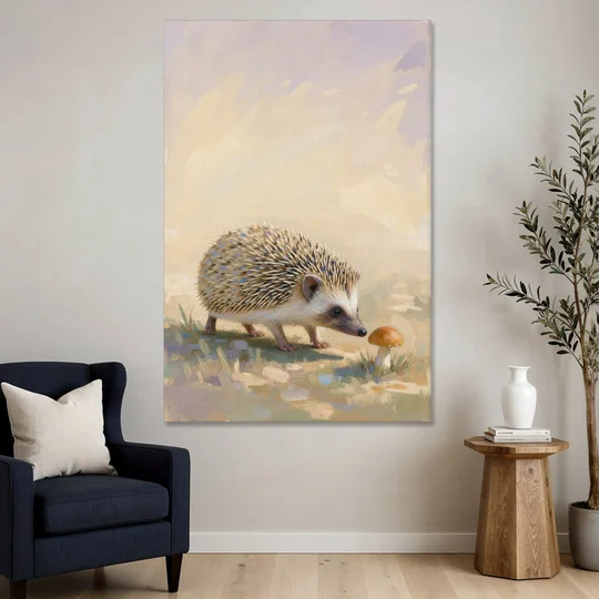 Hedgehog Sniffing a Tiny Mushroom for the Nursery - Canvas Wall Art - Sofa - 40x60