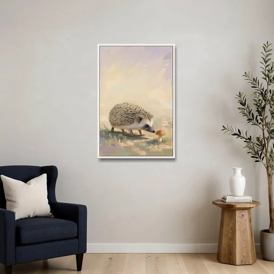 Hedgehog Sniffing a Tiny Mushroom for the Nursery - White Framed Canvas Wall Art - Sofa - 24x36