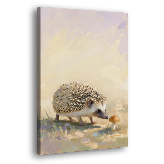 Hedgehog Sniffing a Tiny Mushroom for the Nursery - Canvas Wall Art - Side