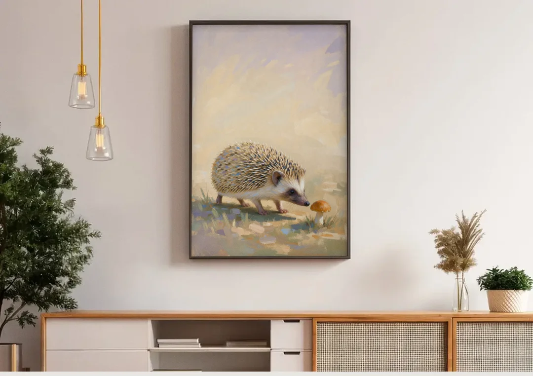 Hedgehog Sniffing a Tiny Mushroom for the Nursery canvas wall art above a wooden sideboard under pendant lights