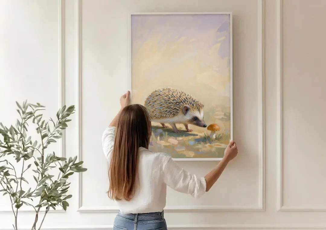 Hedgehog Sniffing a Tiny Mushroom for the Nursery canvas wall art being hung on a paneled wall