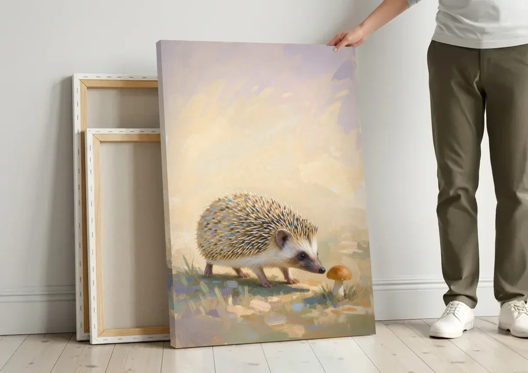 Hedgehog Sniffing a Tiny Mushroom for the Nursery canvas wall art leaning against a wall next to blank canvases