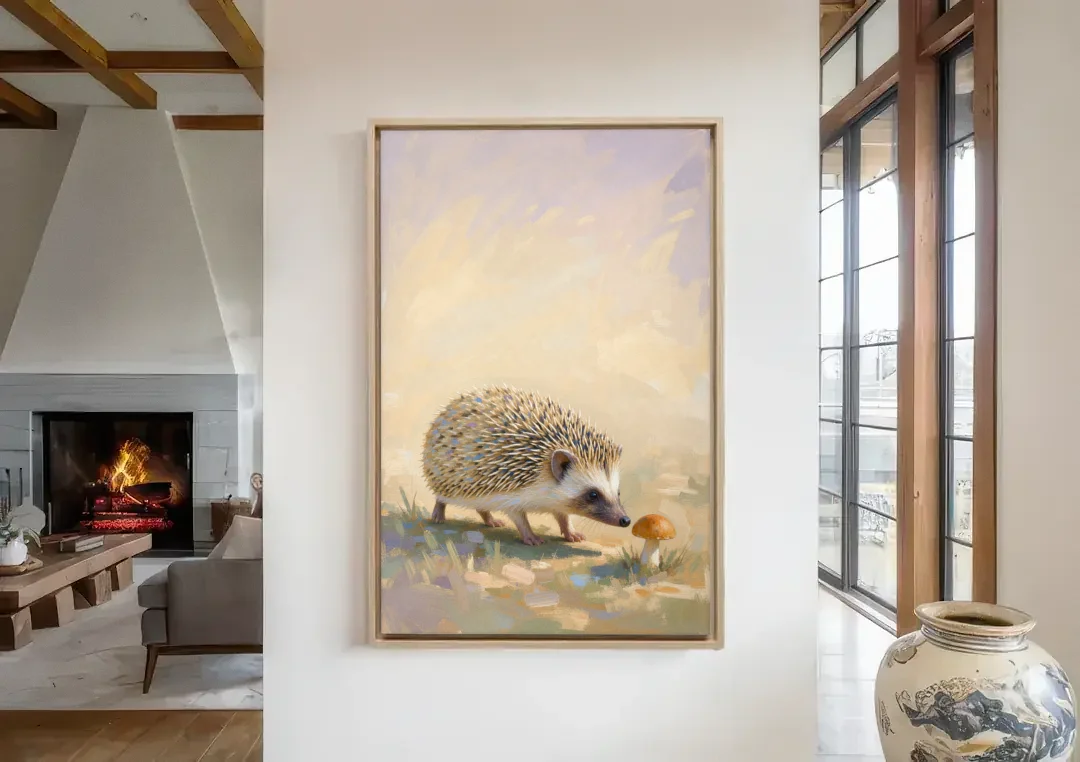Hedgehog Sniffing a Tiny Mushroom for the Nursery canvas wall art in a living room with a fireplace