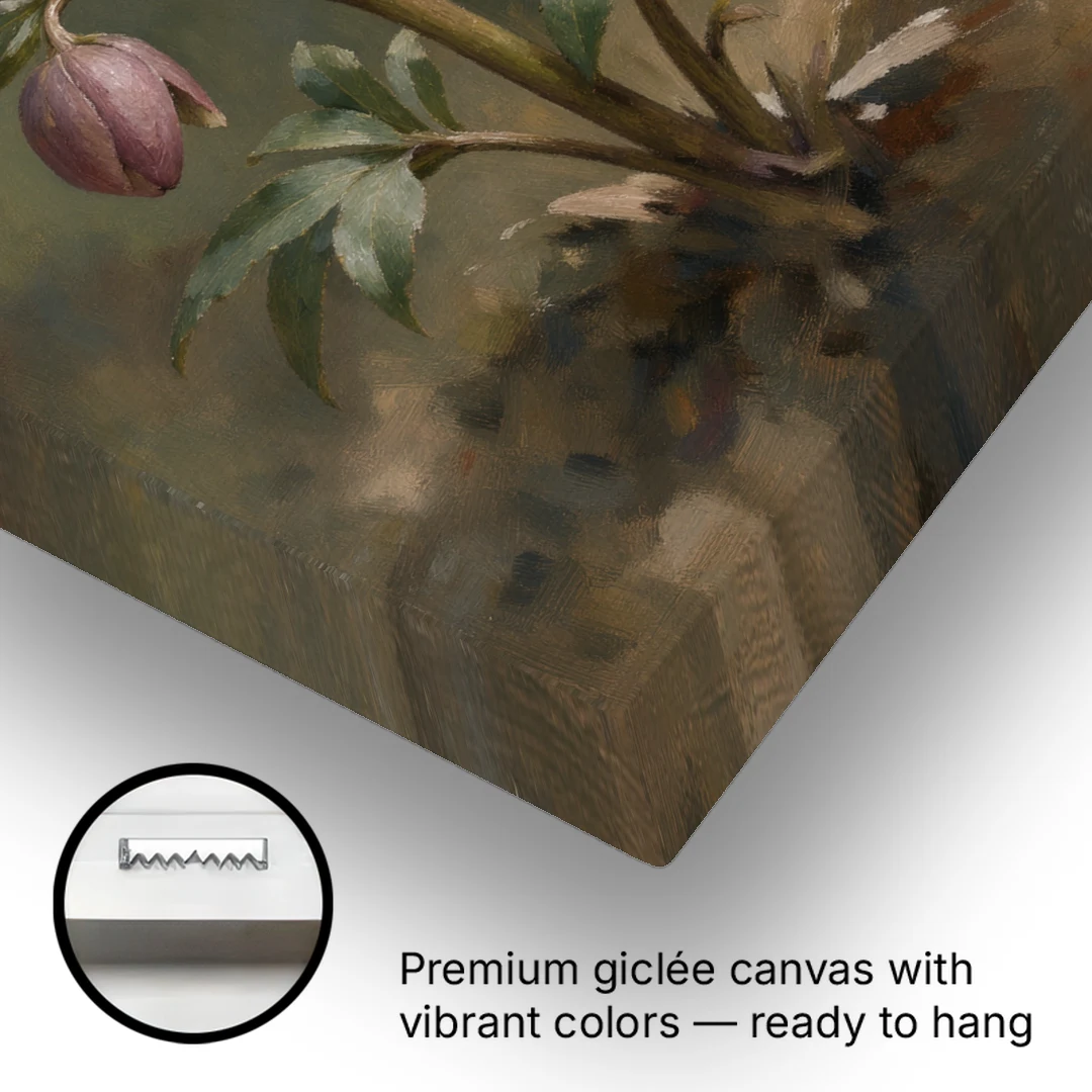Hellebore Stem with Two Nodding Blooms - Canvas Wall Art - Gallery Wrap Corner