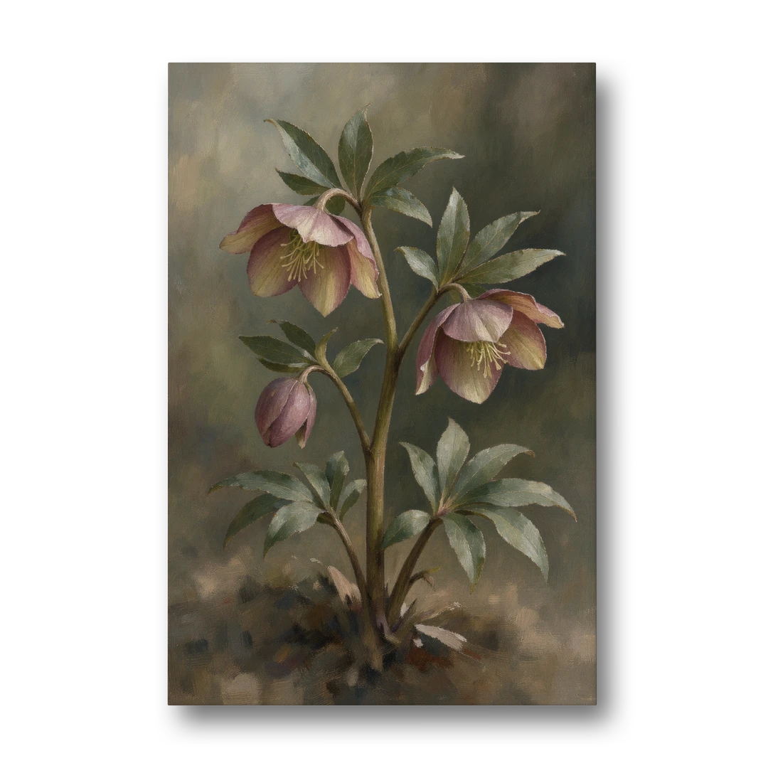 Hellebore Stem with Two Nodding Blooms - Canvas Wall Art - Front