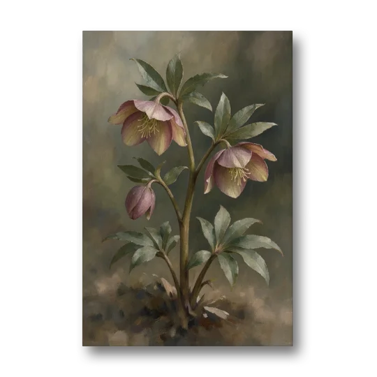 Hellebore Stem with Two Nodding Blooms - Canvas Wall Art - Front