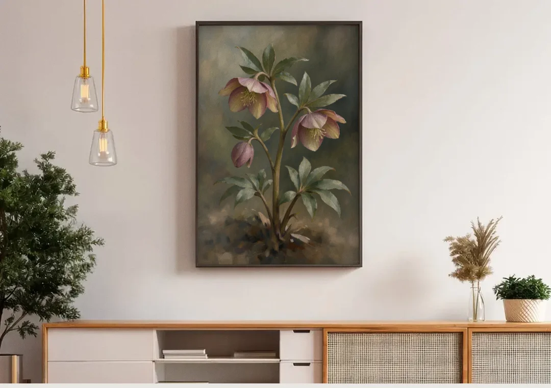 Hellebore Stem with Two Nodding Blooms canvas wall art above a wooden sideboard under pendant lights