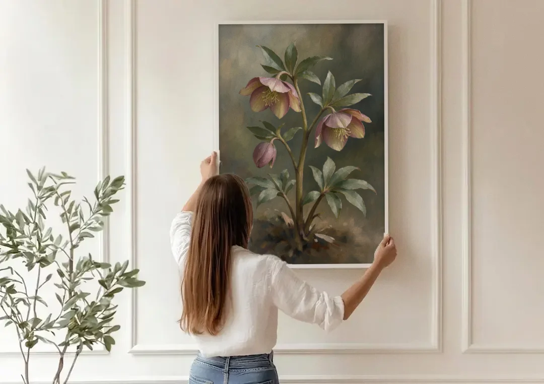 Hellebore Stem with Two Nodding Blooms canvas wall art being hung on a paneled wall