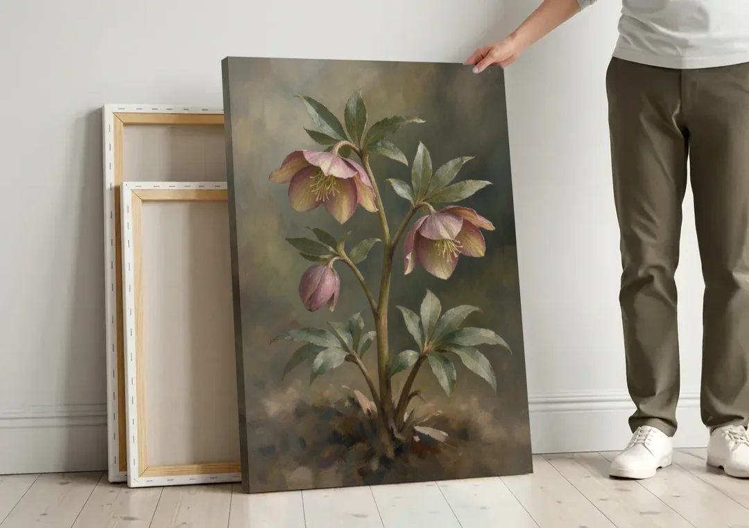 Hellebore Stem with Two Nodding Blooms canvas wall art leaning against a wall next to blank canvases