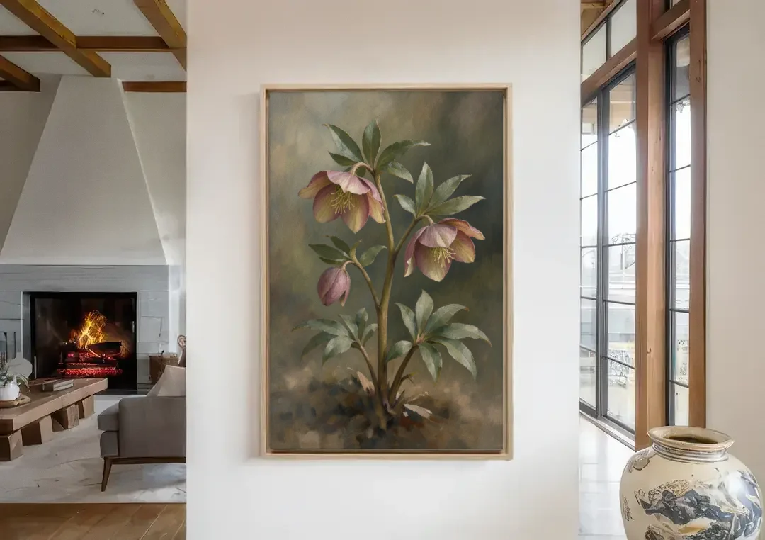 Hellebore Stem with Two Nodding Blooms canvas wall art in a living room with a fireplace